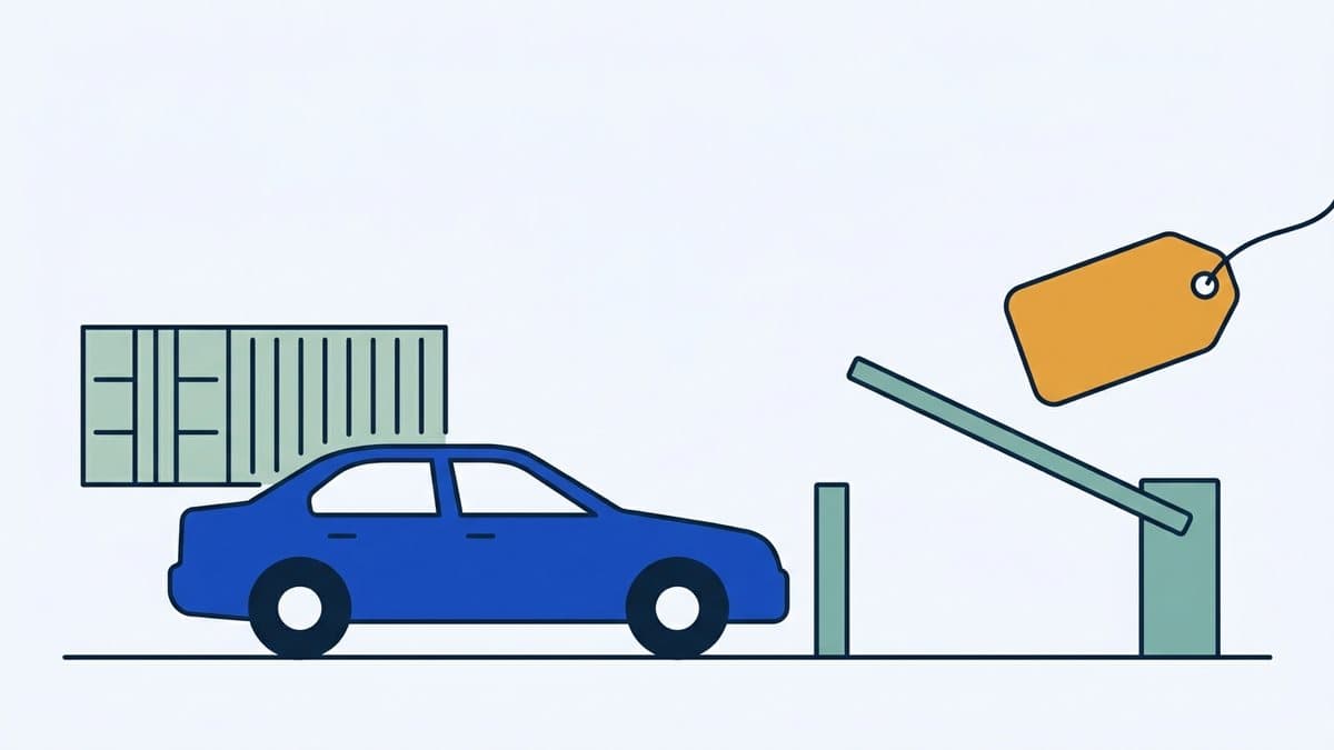 Auto ylittää rajapuomin, vieressä kontti ja hintalappu — kuvaa auton tuontia ja autoveroa.