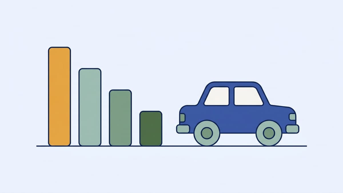 Neljä laskevaa pylvästä ja auto niiden vieressä — kuvaa bonuksen kertymistä, joka pudottaa vakuutusmaksua vuosi vuodelta.
