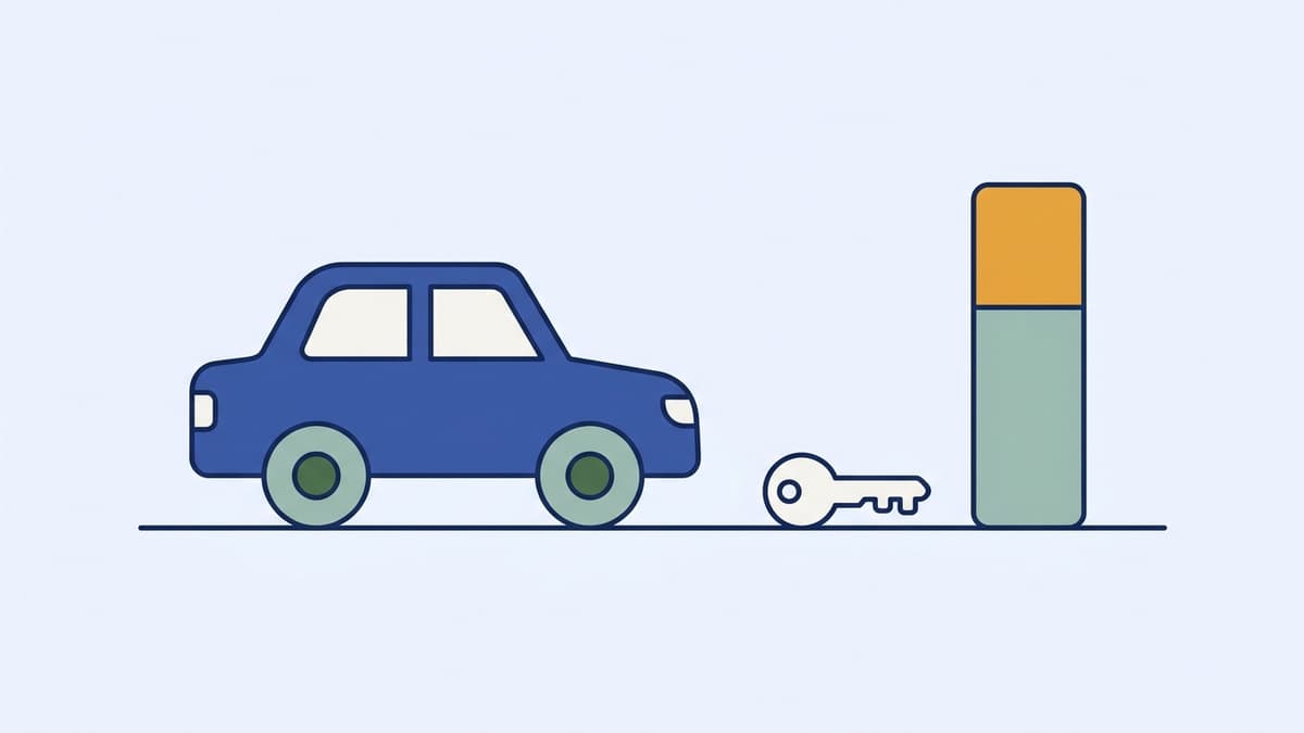 Auto, avain ja pylväs, jonka yläosa on keltainen — kuvaa autoedun verotusarvoa, joka lisätään palkan päälle verotettavaan tuloon.