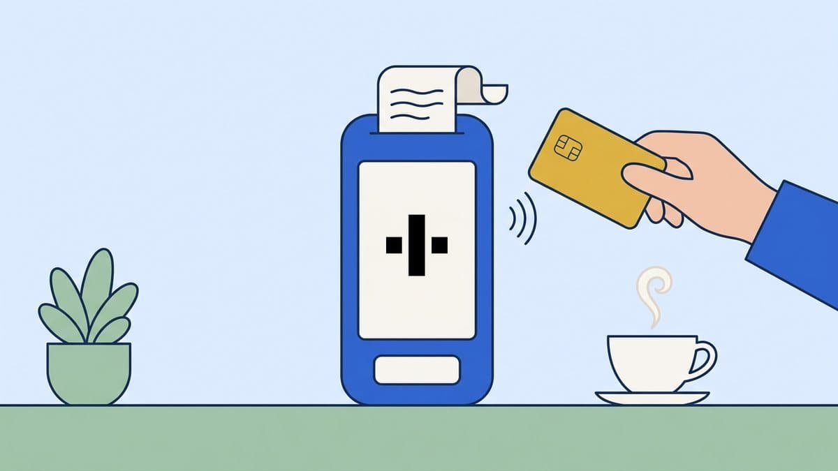 A blue card terminal showing the Flatpay mark stands on a café counter. A customer pays contactless with a yellow card, next to a coffee cup and a potted plant.