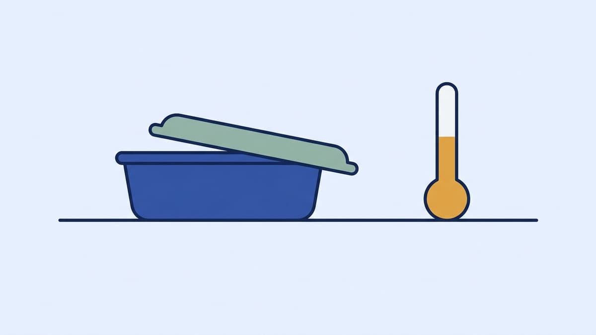 A catering food container with the lid ajar and a thermometer beside it — the temperatures of the hygiene passport.