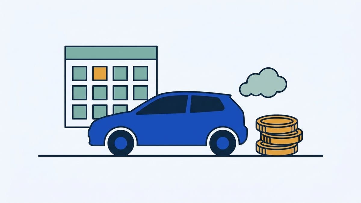 Auto, kalenteri ja kolikkopino — kuvaa vuosittaista ajoneuvoveroa.